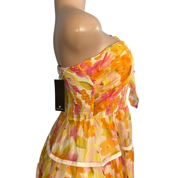 Lulus Sunlight Aura Orange Floral Strapless Tiered Midi Dress - Picture 6 of 11